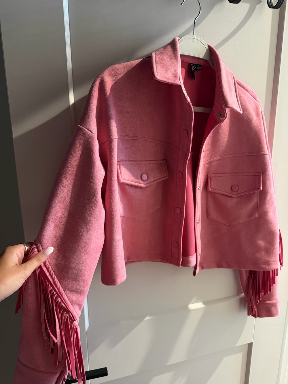Women's Pink Suede Fringe Jacket - Picture 3 of 3